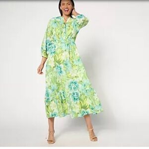 Beautiful by Lawrence Zaria Maxi Dress Women 2X Limelight Floral Cotton Pockets